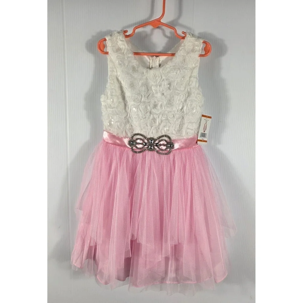 Emily Rose Girls Pink Tulle Dress Embellished Bow Sequins Sz 7